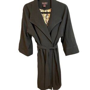 Shape FX Black Belted Long Trench Coat Satin Animal Print Lining Sz 12